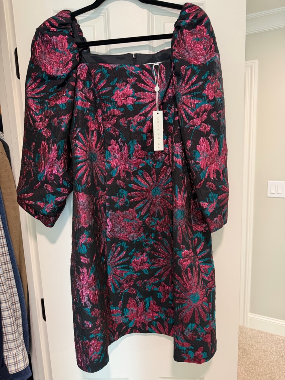 Trina Turk Cassiopeia Metallic Floral Puff-Sleeve Mini Dress - Pink/Teal NWT
